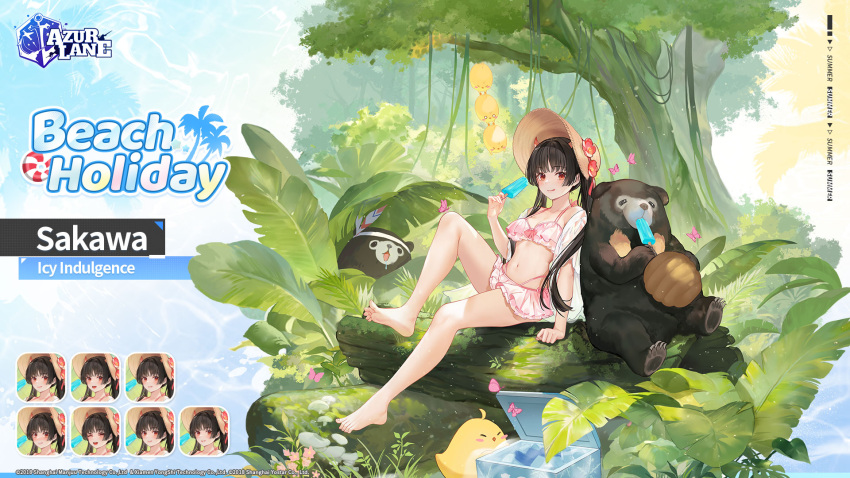 >_< animal arm_support azur_lane bare_legs barefoot bear bikini bikini_skirt bird black_hair blush breasts chick cleavage collarbone copyright_name english_text expressions feet female flower food forest frilled_bikini frills full_body hair_flower hair_ornament hat highres holding holding_food ice knee_up legs long_hair looking_at_viewer medium_breasts nature navel official_alternate_costume official_art pink_bikini popsicle red_eyes sakawa_(azur_lane) sakawa_(icy_indulgence)_(azur_lane) sitting skirt smile solo stomach straw_hat sun_hat swimsuit thighs toes tree twintails water