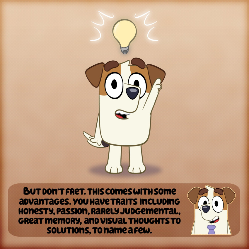 1:1 2021 anthro bluey_(series) canid canine canis conditional_dnp dialogue digital_media_(artwork) domestic_dog educational einsamkeitus english_text floppy_ears fur gesture hand_gesture happy hi_res hunting_dog idea_bulb jack_russell_(bluey) jack_russell_terrier light_bulb male mammal multicolored_body multicolored_fur multiple_images necktie open_mouth paws pointing pointing_up shadow simple_background smile solo standing tan_background terrier text