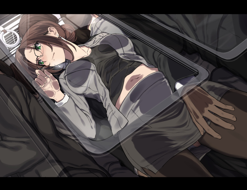 against_glass black_legwear black_shirt blazer blush brown_hair chikan commentary earrings faceless faceless_male female formal glasses grabbing green_eyes grey_jacket grey_skirt groping hair_bun hair_bun_girl_(nagioka) highres jacket jewelry midriff miniskirt mole mole_under_mouth molestation nagioka navel office_lady original panties pantyhose pencil_skirt public_indecency shirt sidelocks single_hair_bun skirt skirt_suit straight suit train train_interior underwear wavy_mouth