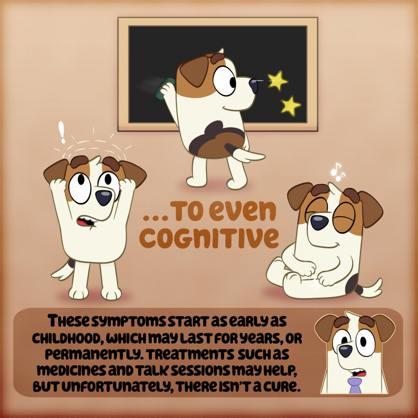 1:1 2021 anthro bluey_(series) canid canine canis chalkboard closed_eyes conditional_dnp dialogue domestic_dog educational einsamkeitus english_text eraser exclamation_point eye_contact floppy_ears fur hi_res hunting_dog information_board jack_russell_(bluey) jack_russell_terrier looking_at_another looking_back male mammal markings multicolored_body multicolored_fur multiple_images musical_note necktie open_mouth paws shocked simple_background sitting solo standing tan_background terrier text