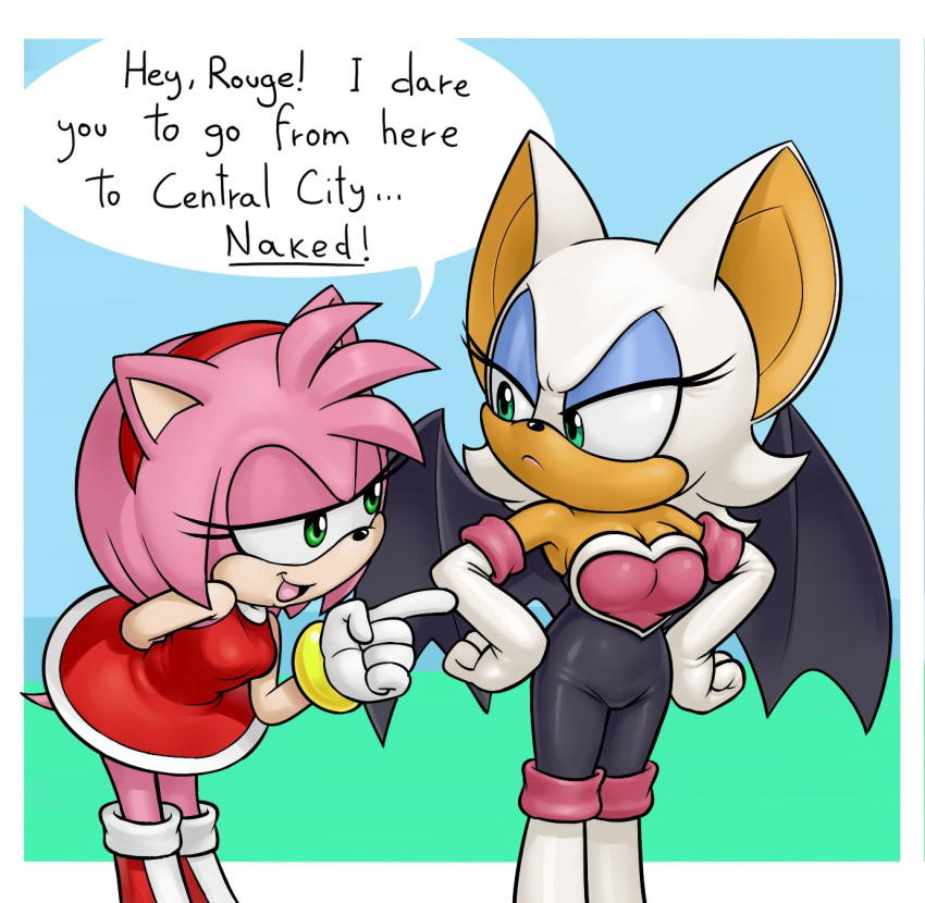 amy_rose anthro bat bat_wings black_wings clothed clothing countershading dress duo english_text eulipotyphlan female fur hair head_tuft hedgehog hi_res mammal mario-grant membrane_(anatomy) membranous_wings pink_body pink_fur pink_hair red_clothing red_dress rouge_the_bat sega sonic_the_hedgehog_(series) speech_bubble tan_body tan_countershading tan_skin text the_simpsons tuft white_body white_fur wings