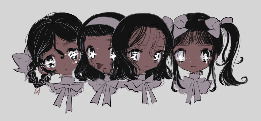 4girls black_eyes black_hair bow braid commentary dark-skinned_female dark_skin grey_background grey_bow hairband hairbow heterochromia highres inata17ta medium_hair multiple_girls original portrait simple_background symbol-only_commentary tongue tongue_out twintails