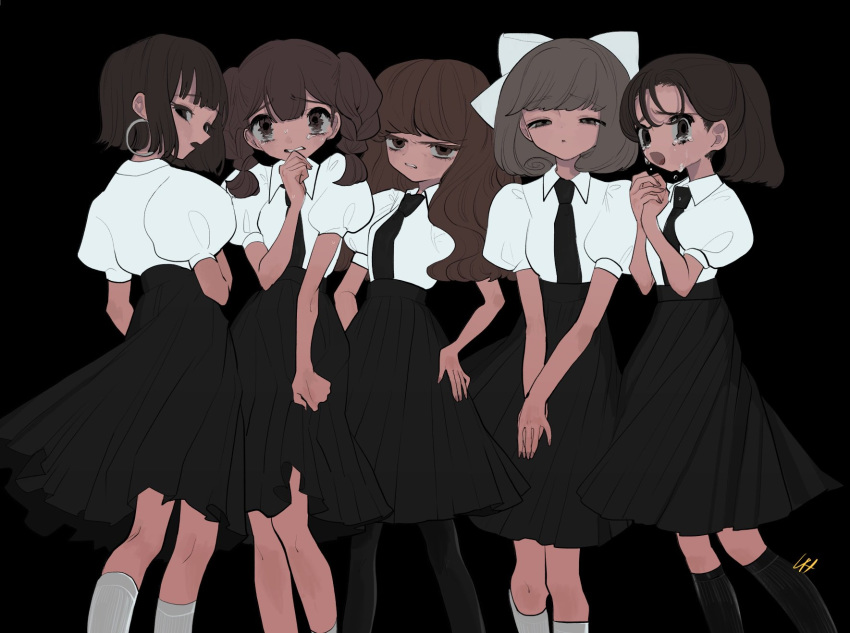 5girls black_background black_hair black_necktie black_skirt brown_hair collared_shirt crying crying_with_eyes_open earrings feet_out_of_frame hand_on_own_hip hand_up highres inata17ta jewelry long_hair medium_hair multiple_girls necktie open_mouth original own_hands_together ponytail puffy_short_sleeves puffy_sleeves shirt short_sleeves simple_background skirt swept_bangs tears twintails white_shirt