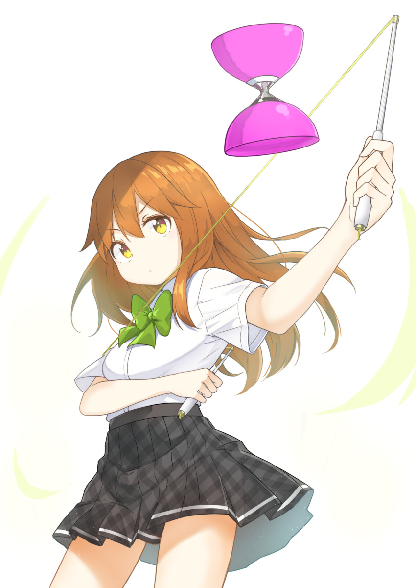 absurdres black_skirt bow bowtie brown_eyes brown_hair chintara10 collared_shirt cowboy_shot diabolo female green_bow green_bowtie highres juggling long_hair miniskirt original pleated_skirt shirt shirt_tucked_in short_sleeves skirt solo white_background white_shirt