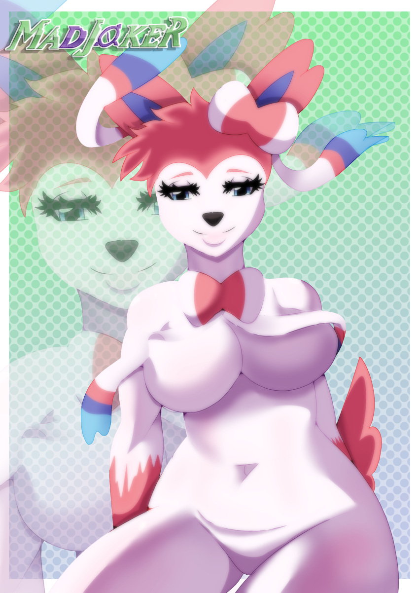 absurd_res anthro anthrofied blowup_background breasts canid canine eeveelution female fox generation_6_pokemon hi_res humanoid hybrid madjoker mammal nintendo pokemon pokemon_(species) pokemorph simple_background solo sylveon