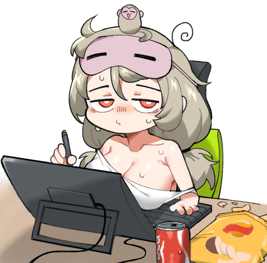 bare_shoulders blush breast_rest breasts breasts_on_table can chair chips_(food) cleavage collarbone commentary_request drink_can eye_mask female food grey_hair half-closed_eyes highres huge_breasts key lay's_(potato_chips) long_hair looking_at_viewer low-tied_long_hair mask mask_on_head mixed-language_commentary monkey nervous_sweating off_shoulder office_chair on_chair original potato_chips saru_(monkey_magic3) shirt simple_background sitting soda_can solo stylus sweat swivel_chair twintails upper_body white_background white_shirt