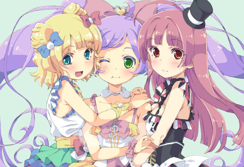 3girls :d ;t ahoge aqua_background arm_grab armpit_crease arms_around_neck bare_shoulders black_corset black_dress blonde_hair blue_bow blue_dress blunt_bangs blunt_ends blush bow bowtie breast_press breasts cheek-to-cheek cleavage closed_mouth collar collarbone colored_eyelashes commentary cone_hair_bun corset detached_collar dress dress_bow frilled_dress frills from_side gem girl_sandwich green_dress green_eyes hair_bun hair_intakes hair_ornament hairbow hands_on_another's_shoulder hat heads_together heart heart_hair_ornament hime_cut hojo_sophy homing_(areya) idol long_hair looking_at_viewer looking_to_the_side manaka_laala medium_breasts minami_mirei mini_hat mini_top_hat multicolored_clothes multicolored_dress multiple_girls multiple_hair_bows one_eye_closed open_mouth pink_bow pink_hair pouty_lips pretty_series pripara purple_hair red_bow red_dress red_eyes sandwiched shadow short_hair simple_background sleeveless smile spaghetti_strap striped_clothes striped_dress top_hat treble_clef upper_body very_long_hair white_collar white_dress wrist_bow wrist_cuffs yellow_bow yellow_dress