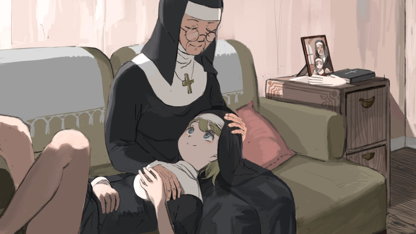 2girls bible_(object) blonde_hair blue_eyes book closed_eyes closed_mouth clumsy_nun_(diva) commentary couch cross cross_necklace diva_(hyxpk) drawer english_commentary feet_out_of_frame gloves habit highres indoors jewelry lap_pillow latin_cross little_nuns_(diva) looking_at_another lying mother_superior_(diva) multiple_girls necklace nun old old_woman on_back photo_(object) pillow round_eyewear sitting smile traditional_nun unworn_gloves veil wooden_floor