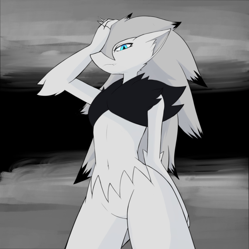 1:1 2020 anthro arm_tuft blue_eyes canid canine eyelashes fangs fur generation_5_pokemon hair highlights_(coloring) icykatsura inner_ear_fluff long_hair male mammal monochrome navel nintendo pokemon pokemon_(species) pokemorph pupils shoulder_tuft slit_pupils smile solo standing teeth tuft zoroark