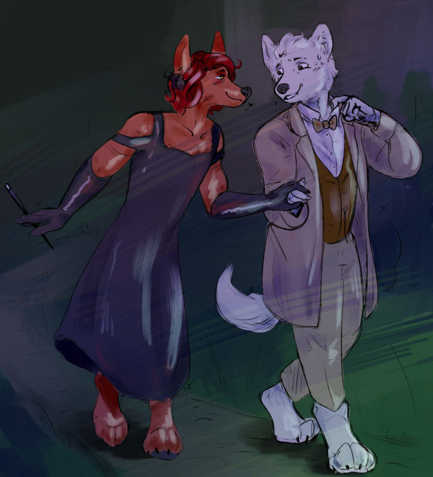 alternate_species anthro aziraphale canid canine canis clothed clothing cross crossdressing crowley_(good_omens) dressing duo furrification good_omens goodomens hi_res ineffable ineffablehusbands kiri-anko male male/male mammal mythological_canine mythological_creature mythology omens romantic walking were werecanid werecanine werewolf wolf