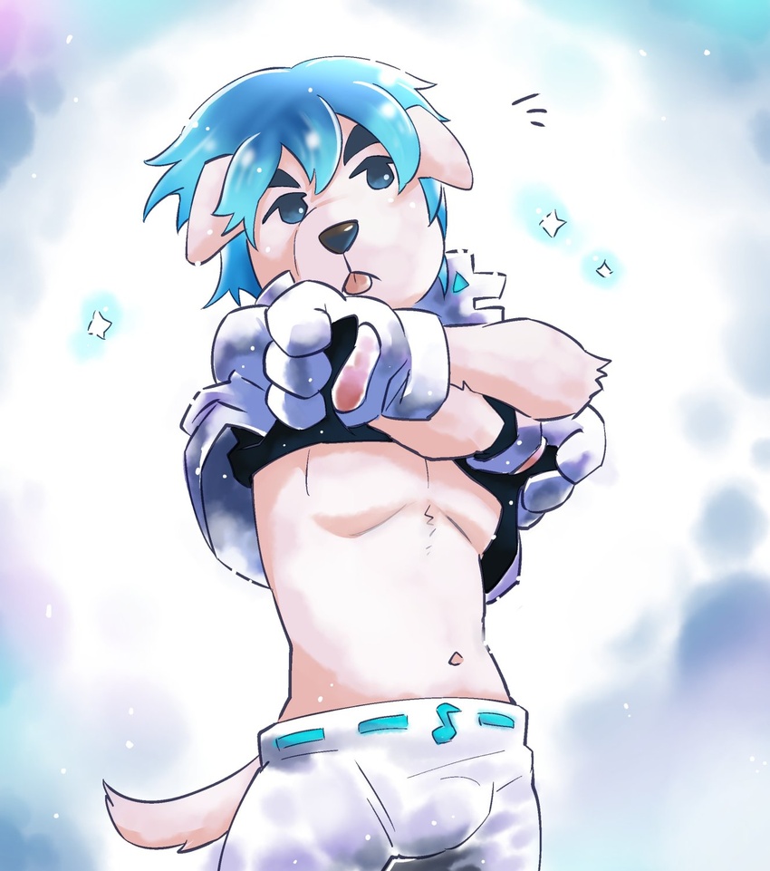 animal_crossing avoid_posting blep blue_hair canid canine canis clothing domestic_dog hair hi_res k.k._slider male mammal nikunabe1989 nintendo solo sparkles tongue tongue_out undressing