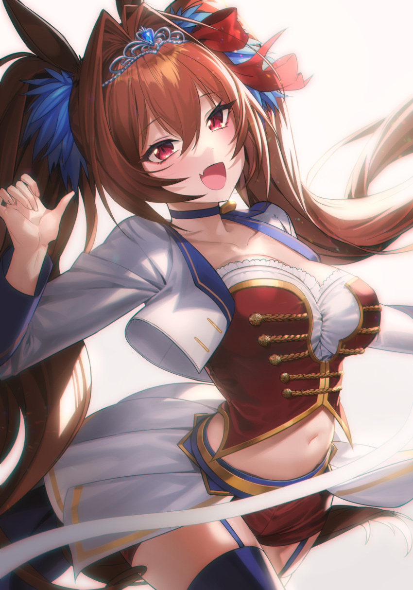 animal_ears blue_choker breasts brown_hair choker collarbone daiwa_scarlet_(umamusume) female hair_between_eyes hair_intakes highres horse_ears horse_girl horse_tail jacket large_breasts long_hair long_sleeves looking_at_viewer mamima midriff navel oerba_yun_fang open_mouth red_eyes simple_background skin_fang smile solo starting_future_(umamusume) tail tiara twintails umamusume very_long_hair white_background white_jacket