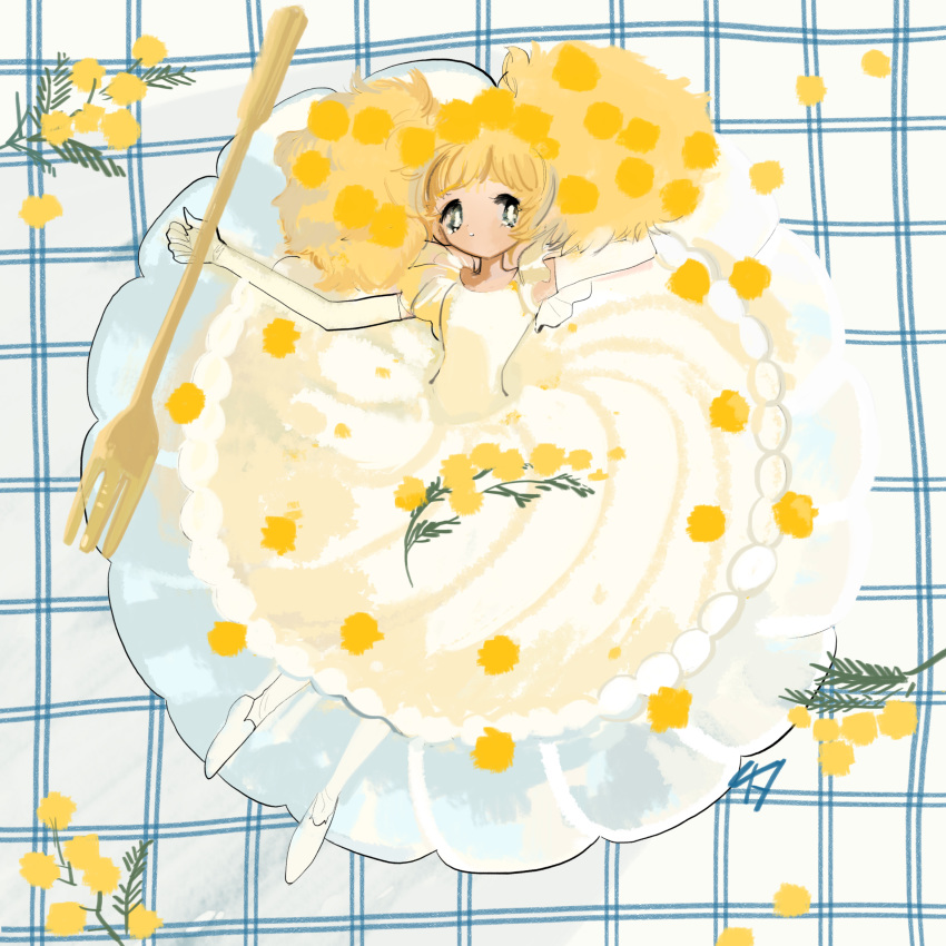 blonde_hair commentary dress elbow_gloves female flower fork full_body gloves highres inata17ta long_hair lying mimosa_(flower) on_back original oversized_object solo white_dress white_footwear white_gloves yellow_flower