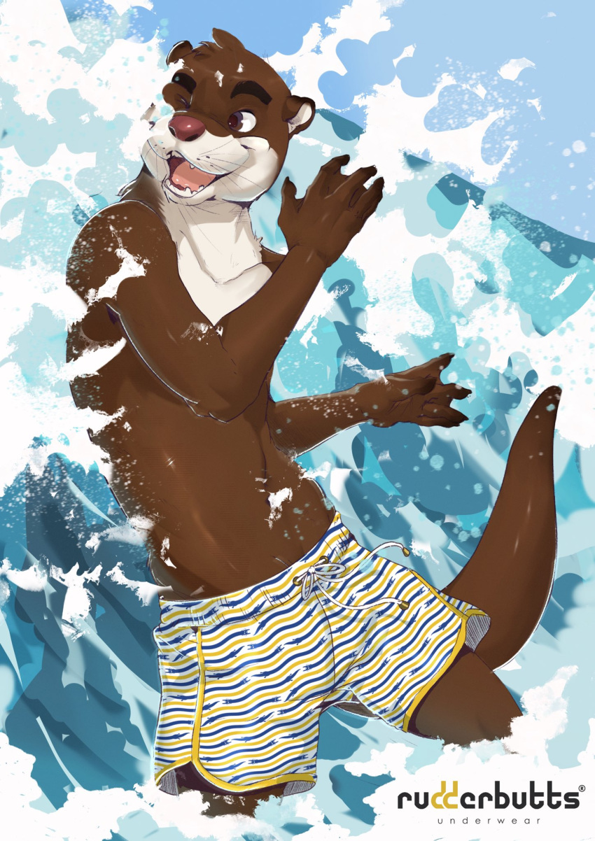 2021 anthro asian_small-clawed_otter black_whiskers clothing eyebrows fur furry-specific_brand hi_res male mammal mustelid one_eye_closed open_mouth otter outside partially_submerged pose rudderbutts sami_(rudderbutts) senor_nutria solo swimwear teeth tongue water whiskers