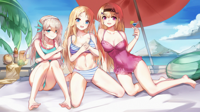 3girls absurdres alternate_costume barefoot beach beach_towel beach_umbrella bikini blonde_hair blue_bikini blue_eyes blue_one-piece_swimsuit blue_sky breasts brown_hairband casual_one-piece_swimsuit chinese_commentary commentary_request constellation_(warship_girls_r) covered_navel cup day drinking_glass hair_ornament hairband hairclip highres holding holding_cup large_breasts lexington_(cv-16)_(warship_girls_r) long_hair multiple_girls navel ocean one-piece_swimsuit outdoors pink_one-piece_swimsuit purple_eyes saratoga_(warship_girls_r) ship sitting sky smile striped_bikini striped_clothes swimsuit towel umbrella warship_girls_r watercraft white_hairband x_hair_ornament ze_(wzfnn001)