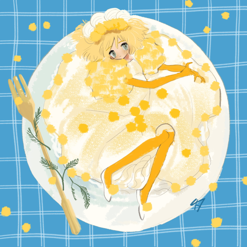 blonde_hair commentary female flower fork full_body gloves grey_eyes highres inata17ta mimosa_(flower) orange_gloves orange_legwear original oversized_object plate solo utensil white_footwear yellow_flower