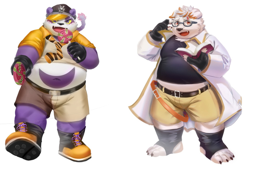 2021 aipangpangdeyua alp_(tas) anthro bear belly book bottomwear candy canid canine canis clothing dessert domestic_dog duo eyewear food fur giant_panda glasses hi_res humanoid_hands kemono lifewonders male mammal navel overweight overweight_male police police_hat purple_body purple_fur shirt shorts simple_background tokyo_afterschool_summoners topwear white_background white_body white_fur