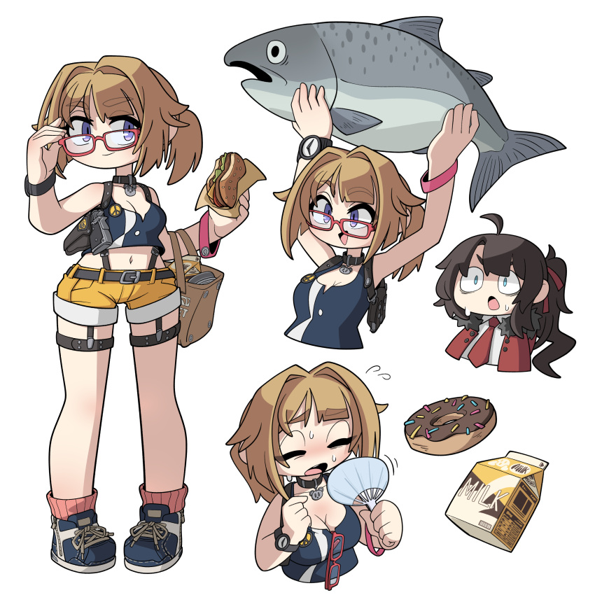 1boy absurdres adjusting_eyewear ahoge animal armedrabbit arms_up belt blue_footwear bracelet breasts brown_bag brown_hair burger can cleavage collar commander_(girls'_frontline) commission commissioner_upload doughnut fanning_self female food full_body girls'_frontline glasses grizzly_mkv_(girls'_frontline) grizzly_mkv_(weekend_cop)_(girls'_frontline) grizzly_win_mag hair_intakes highres holding holding_animal holding_food holster jacket jewelry journey_in_the_auspicious_snow_(girls'_frontline) long_hair medium_breasts midriff milk_carton navel no_eyewear non-web_source official_alternate_costume open_mouth otoko_no_ko purple_eyes red_jacket red_socks salmon_(fish) shirt short_hair short_ponytail short_shorts shorts shoulder_holster simple_background smile socks surprised sweat tank_top watch white_background white_shirt yellow_shorts