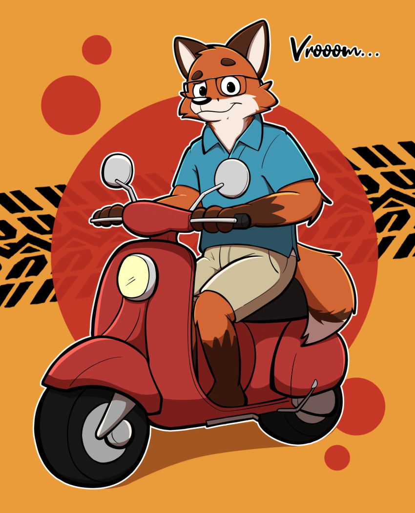 anthro bottomwear canid canine clothed clothing eyewear fox fur glasses hi_res looking_at_viewer male mammal motor_scooter motor_vehicle orange_background orange_body orange_fur rac5700 red_fox shirt shorts simple_background smile solo sound_effects text topwear true_fox vehicle