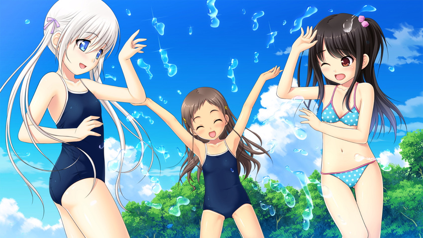 adachi_tenka bikini cleavage komako_semenovich nonohara_miki sayama_chie school_swimsuit shoujo_ramune swimsuits tanuki-soft wet