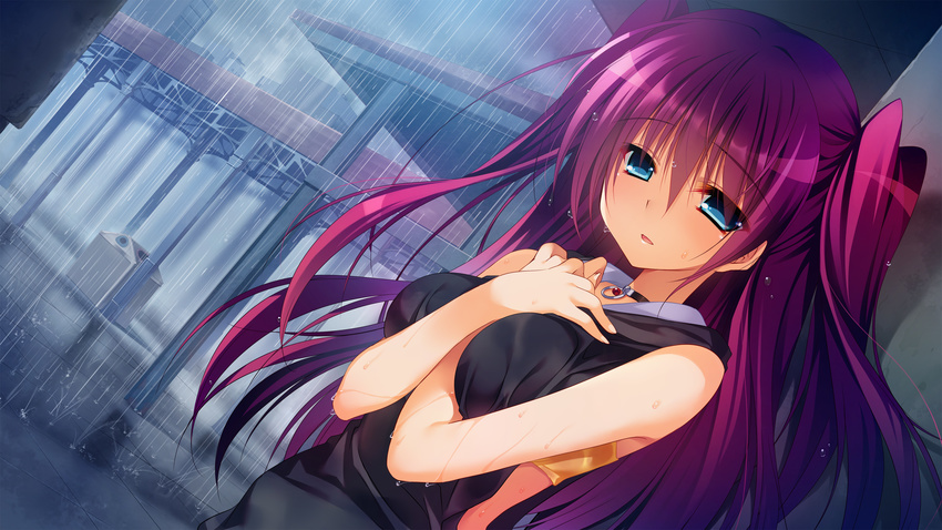 aqua_eyes between_breasts breasts city collar crossed_arms dutch_angle female highres innocent_girl long_hair looking_at_viewer nanaka_mai ousaka_kanae photoshop_(medium) rain red_hair sleeveless solo two_side_up wet wet_clothes