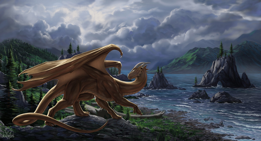 aaros amazing_background ambiguous_gender claws day detailed detailed_background dragon european_mythology feral grass hi_res horn membrane_(anatomy) membranous_wings mythological_creature mythological_scalie mythology orange_body orange_skin plant scalie sky solo standing tail tan_body tan_skin tree water western_dragon wings