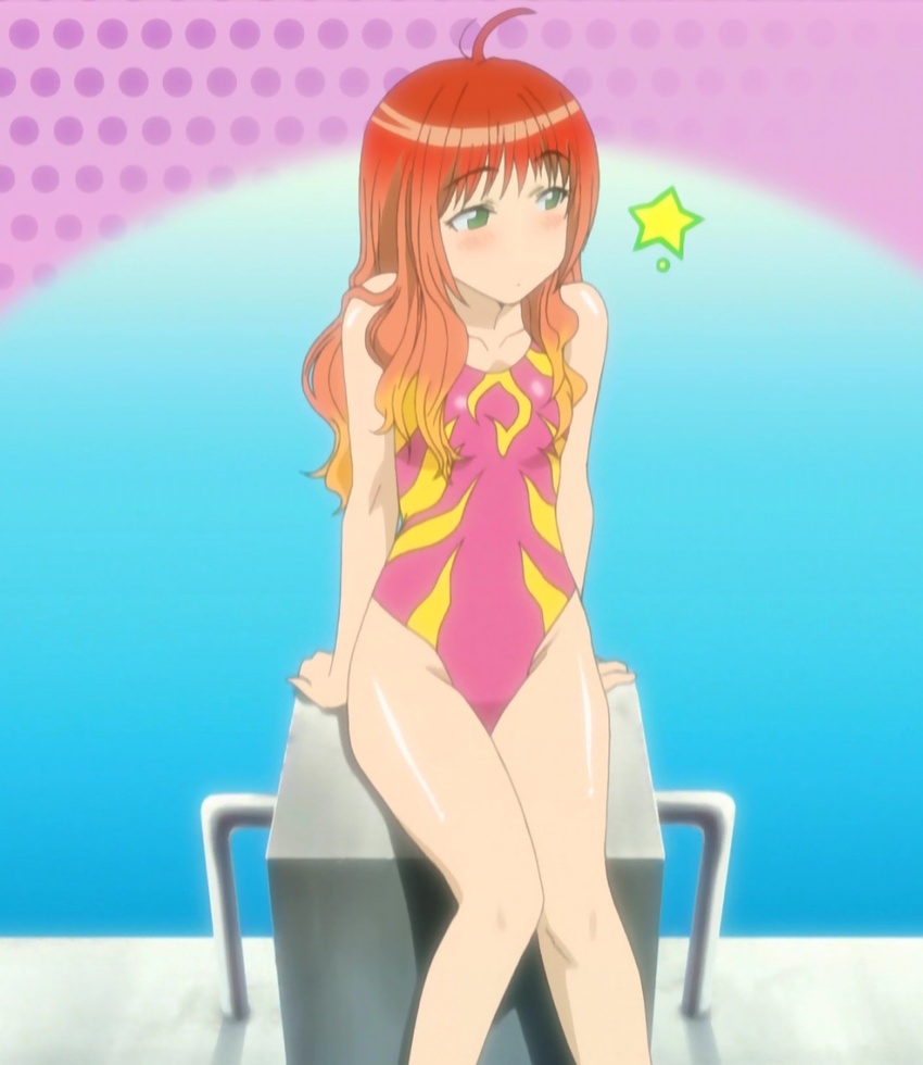 ahoge anime_screenshot blush casual_one-piece_swimsuit diving_block female green_eyes highres kenkou_zenrakei_suieibu_umishou nanako_maaya one-piece_swimsuit reclining red_hair sitting solo star_(symbol) stitched swimsuit third-party_edit