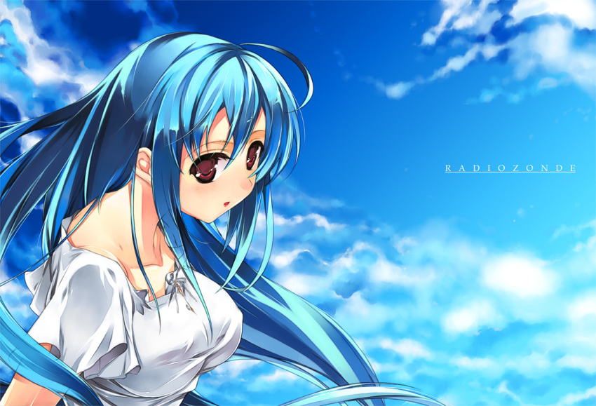 aburidashi_zakuro blue_hair breasts cloud day female huge_breasts long_hair mahiro_(radio_zonde) radio_zonde red_eyes sky solo