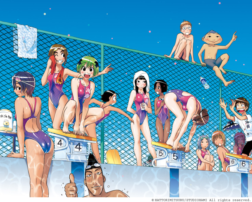 4boys 6+girls ;d ass bent_over blue_sky bottle caustics chain-link_fence competition_swimsuit copyright_notice dark-skinned_male dark_skin day everyone fence goggles goggles_around_neck goggles_on_head green_hair hair_ornament hattori_mitsuru highleg highleg_swimsuit himekawa_kaori ikuta_maki kenkou_zenrakei_suieibu_umishou multiple_boys multiple_girls ninagawa_amuro one-piece_swimsuit one-piece_tan one_eye_closed open_mouth orizuka_momoko outdoors pool poolside shizuoka_mirei sky smile squatting standing starting_block swimsuit tan tanlines thumbs_up towel towel_on_head water_bottle wet x_hair_ornament