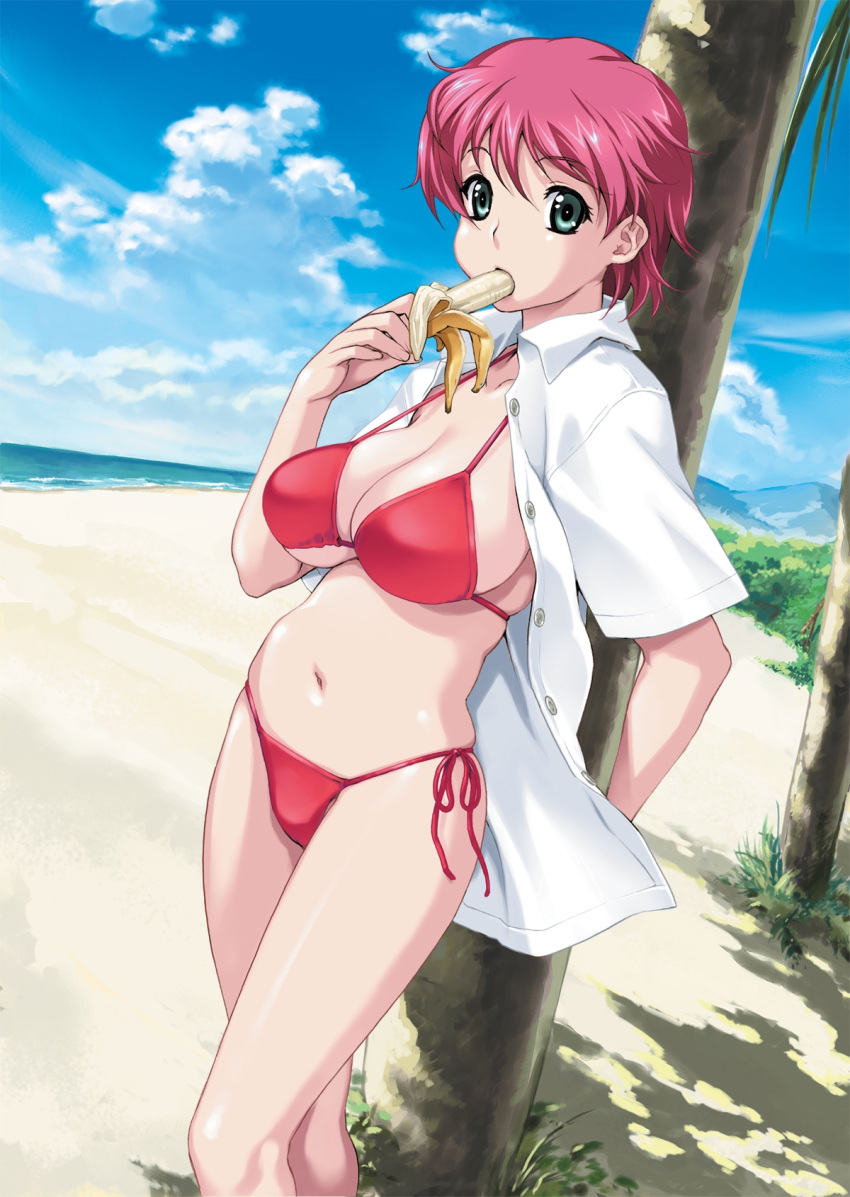 against_tree banana beach bikini breasts curvy dated day eating expressionless female food fruit game_cg green_eyes happoubi_jin highres holding holding_food holding_fruit iihara_nao large_breasts navel open_clothes open_shirt outdoors pink_hair red_bikini resort_boin shirt short_hair short_sleeves side-tie_bikini_bottom solo standing strap_gap swimsuit tree unbuttoned unbuttoned_shirt