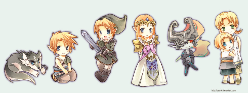 2girls 4boys blonde_hair blue_eyes chibi colin_(zelda) commentary_request dual_persona green_eyes hat holding holding_sword holding_weapon ilia_(zelda) left-handed link md5_mismatch midna multiple_boys multiple_girls multiple_persona photoshop_(medium) pointy_ears princess_zelda resolution_mismatch source_smaller sword the_legend_of_zelda the_legend_of_zelda:_twilight_princess weapon wii_version wolf wolf_link zaphk