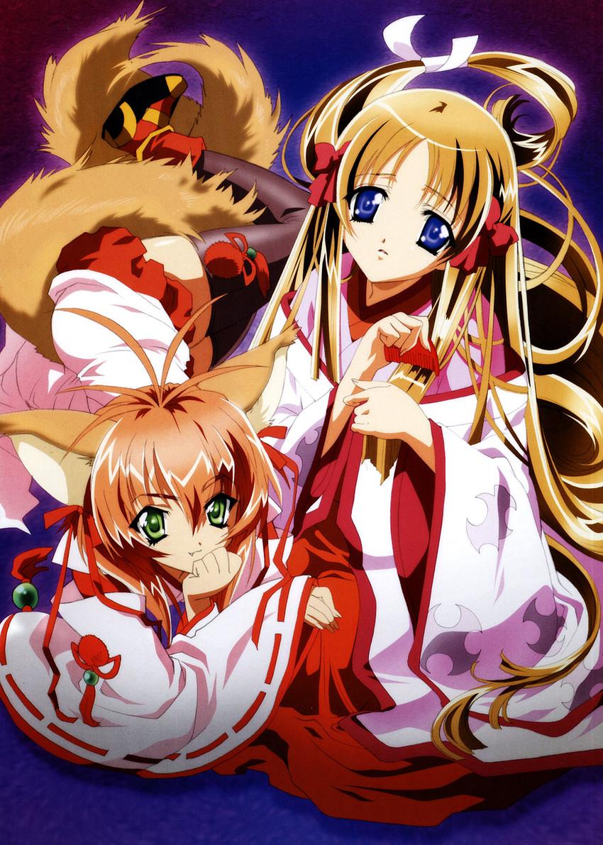 2girls animal_ears artbook azuma_hatsumi blonde_hair blue_eyes brown_hair comb cover fox_ears fox_tail fujihime green_eyes hair_ribbon hakama hakama_skirt head_rest highres japanese_clothes long_hair lying meirin_(yamibou) miko miniskirt multiple_girls nishida_asako oerba_yun_fang red_hakama ribbon scan sitting skirt tail thighhighs yami_to_boushi_to_hon_no_tabibito