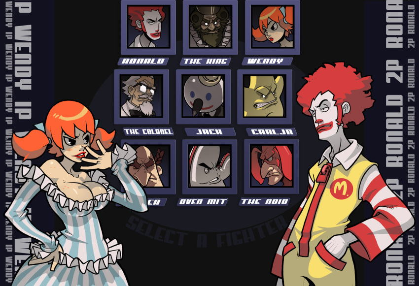 6+boys afro arby's breasts burger_king carl's_jr. character_select colonel_sanders domino's_pizza douglas_harvey dress fake_screenshot fast_food female fighting_game glasses jack_box jack_in_the_box_(restaurant) kfc large_breasts little_caesar little_caesars mcdonald's multiple_boys orange_hair oven_mit_(arby's) parody photoshop_(medium) ronald_mcdonald the_king_(burger_king) the_noid wendy's wendy_(wendy's)