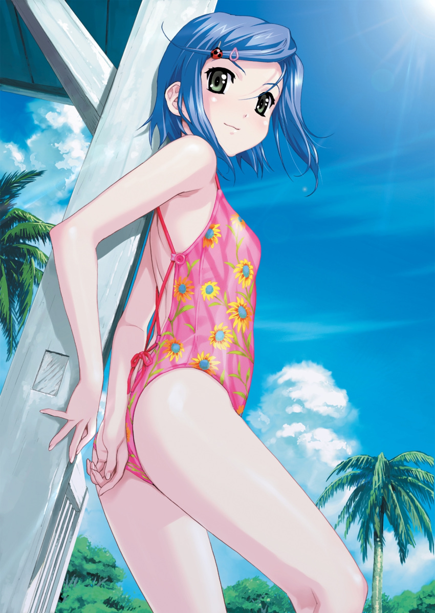 ass backless_outfit blue_hair breasts day female floral_print game_cg green_eyes hair_ornament hairclip happoubi_jin highres koromogae_maya one-piece_swimsuit outdoors pink_one-piece_swimsuit print_swimsuit resort_boin short_hair small_breasts solo swimsuit