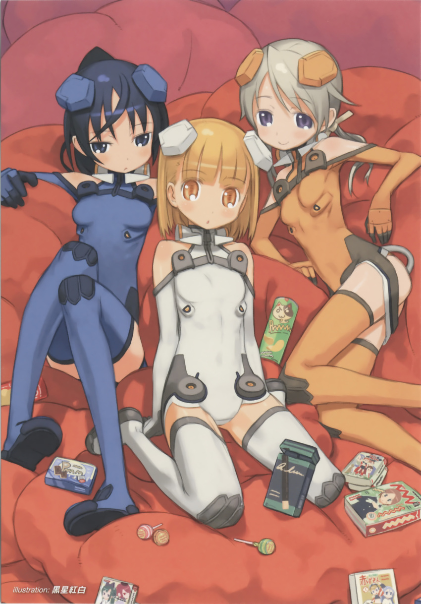 3girls :o absurdres ahoge arm_support artist_name ass ass_cutout bare_shoulders blue_eyes blue_footwear blue_gloves blue_hair blue_leotard blunt_bangs blush book boots brand_name_imitation breasts candy chestnut_mouth chips_(food) clothing_cutout elbow_gloves food gloves grey_hair hair_ornament hair_ribbon halterneck high_ponytail highres ichijou_eika knees_together_feet_apart knees_up kuroboshi_kouhaku leotard light_smile lollipop long_hair looking_at_viewer low_twintails lying motion_slit multiple_girls on_back on_side open_mouth orange_eyes orange_footwear orange_gloves orange_hair orange_leotard parted_bangs photoshop_(medium) pillow pocky ponytail potato_chips pringles pringles_can ribbon sakurano_otoha scan short_hair sitting sky_girls small_breasts smile sonomiya_karen thigh_boots turtleneck twintails wariza white_footwear white_gloves white_leotard