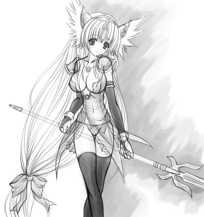 bow breasts bridal_gauntlets cleavage crossed_legs elbow_gloves female gloves greyscale hairbow large_breasts long_hair low-tied_long_hair monochrome panties polearm riesz seiken_densetsu seiken_densetsu_3 shujin smile solo spear standing thighhighs underwear very_long_hair watson_cross weapon