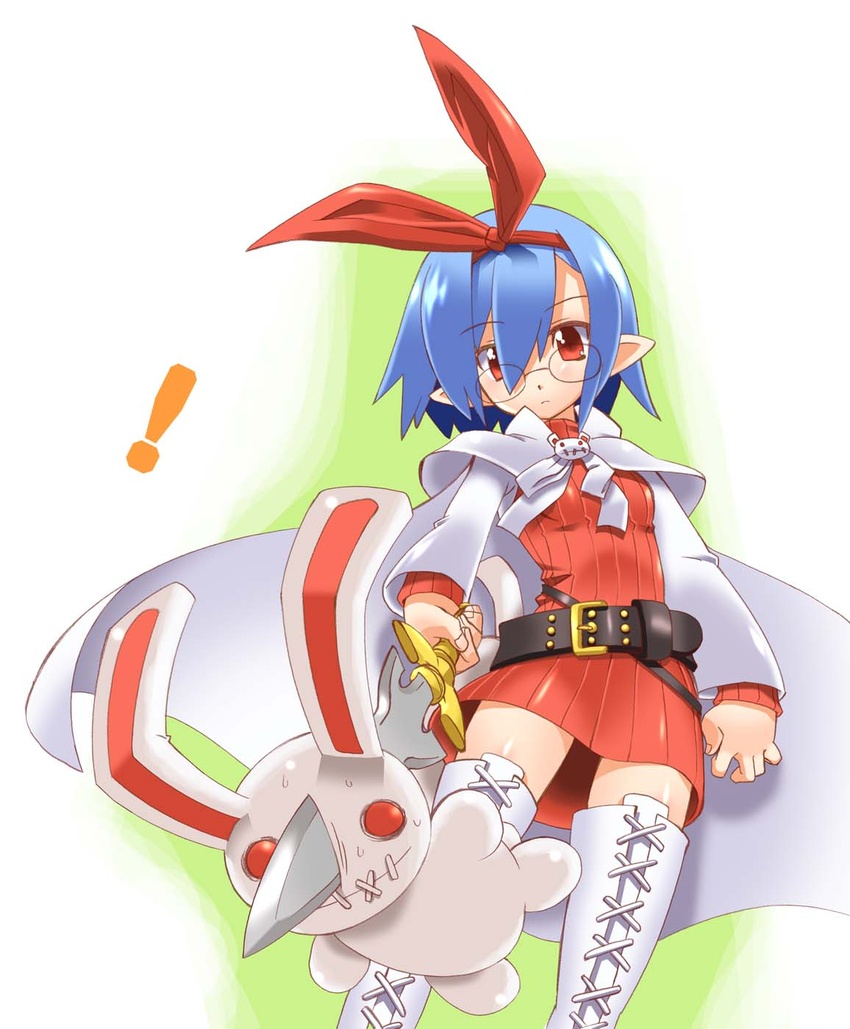 ! aty_(summon_night) aty_(summon_night)_(cosplay) blue_hair boots cape cosplay dress female glasses hair_ribbon highres nippon_ichi original pleinair pointy_ears rabbit red_eyes ribbon shinozuka_atsuto short_hair solo standing stuffed_animal stuffed_rabbit stuffed_toy summon_night summon_night_3 sword thigh_boots thighhighs usagi-san weapon white_footwear