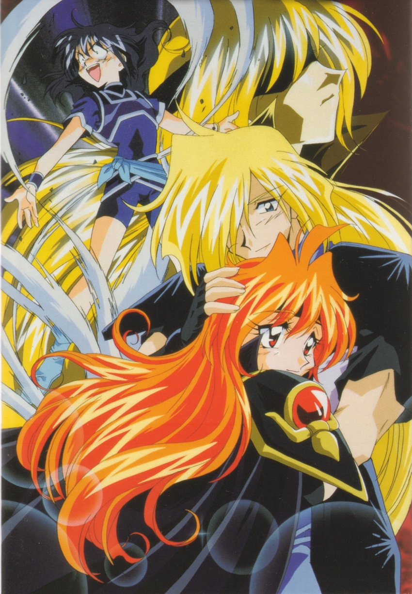 1990s_(style) 3boys armor black_hair blonde_hair blue_eyes blush cape couple female flat_chest gourry_gabriev hair_over_one_eye headband hellmaster_phibrizzo highres lens_flare lina_inverse long_hair lord_of_nightmares miyata_naomi multiple_boys orange_hair outstretched_arms red_eyes retro_artstyle scan slayers slayers_next smile spandex spread_arms straight surprised very_long_hair wristband