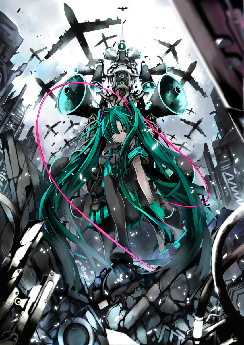 absurdres aircraft airplane aqua_eyes aqua_hair armband b-52_stratofortress commentary_request female gloves hatsune_miku headset highres koi_wa_sensou_(vocaloid) legs long_hair megaphone necktie pantyhose photoshop_(medium) revision shino_(eefy) skirt sky solo twintails very_long_hair vocaloid