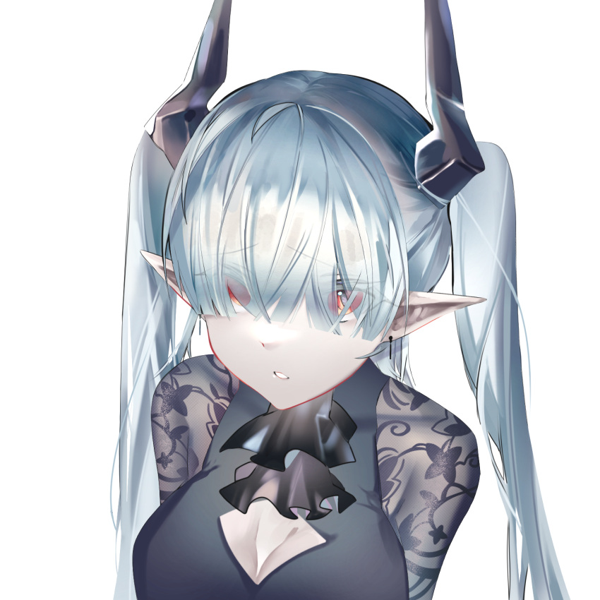 arknights ascot black_ascot black_dress blue_hair breasts chained_sarkaz_girl cleavage cleavage_cutout clothing_cutout dress earrings eyes_visible_through_hair female from_above hair_over_eyes highres jewelry large_breasts limingdechaoxi looking_at_viewer looking_up pale_skin parted_lips pointy_ears red_eyes simple_background solo twintails upper_body white_background