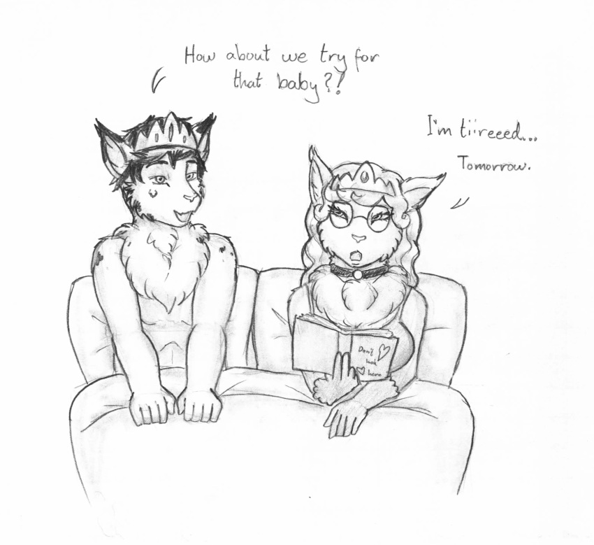 absurd_res anthro clothing collar crown cuckold dialogue domestic_cat dress duo english_text eyewear felid feline felis female glasses gloves handwear headgear hi_res male mammal meowmere monochrome prince princess royalty text