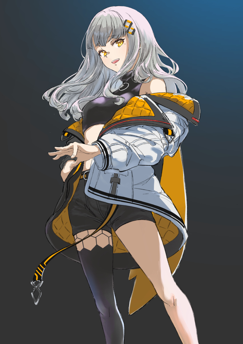 absurdres bandaid bandaid_on_face bandaid_on_nose belt black_shirt black_shorts breasts crop_top feet_out_of_frame female gradient_background grey_hair hachi_(live_union) hair_ornament hand_in_pocket highres icebell_(kourisuzuu) jacket live_union long_hair looking_at_viewer midriff off_shoulder open_mouth shirt shorts single_leg_pantyhose small_breasts smile solo standing turtleneck virtual_youtuber yellow_eyes