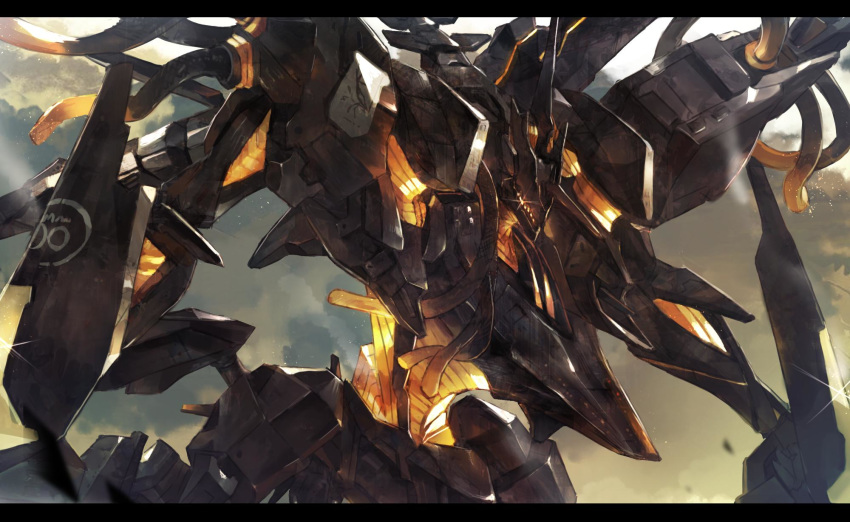 armored_core armored_core:_verdict_day cable cloud cloudy_sky commentary flying glowing glowing_eye highres insignia machinery mecha mecha_focus military mono_(jdaj) n-wgix/v no_humans outdoors robot science_fiction sky solo upper_body yellow_eyes