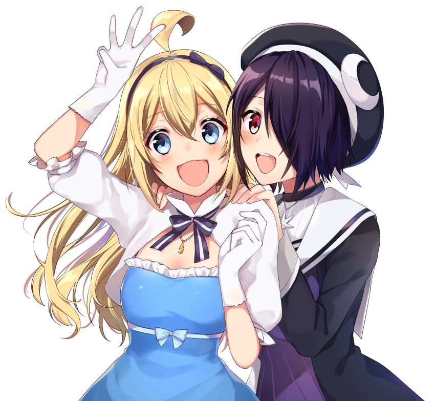 2girls ahoge aogiri_koukou bad_id bad_twitter_id black_hairband black_headwear blonde_hair blue_dress bow dress hair_over_one_eye hairband hat highres jewelry layered_dress minazuki_natsuki multiple_girls necklace official_art otodama_tamako purple_dress sailor_collar smile vanilla_(miotanntann) virtual_youtuber white_background white_bow white_sailor_collar