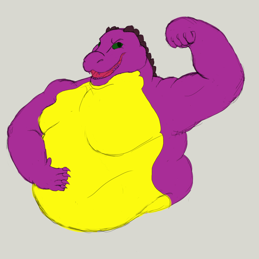 1:1 absurd_res alligator alligatorid anthro belly big_belly crocodilian flexing green_eyes half-length_portrait hi_res kazamah looking_at_viewer male moobs obese octariax overweight portrait purple_body reptile scalie smug solo toothy_grin yellow_belly