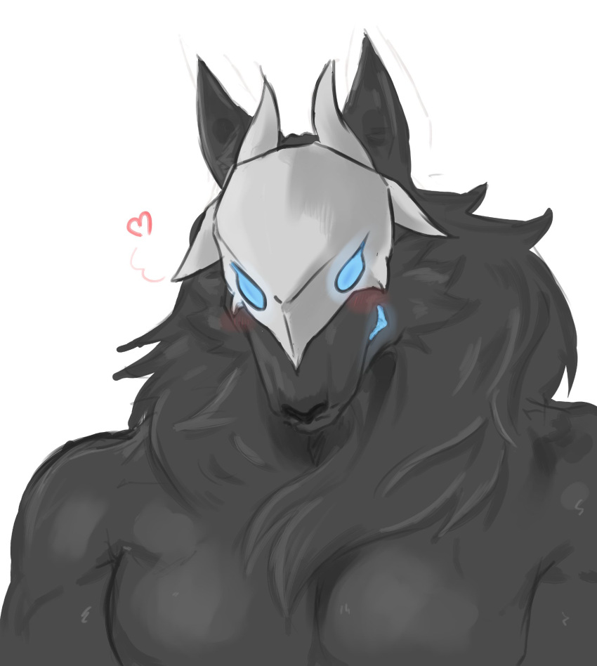 anthro black_body black_fur blue_eyes blush canid canine canis fur heart_symbol hi_res kindred_(lol) league_of_legends male mammal muscular nyanhan pecs riot_games simple_background smile solo tencent white_background wolf wolf_(lol)