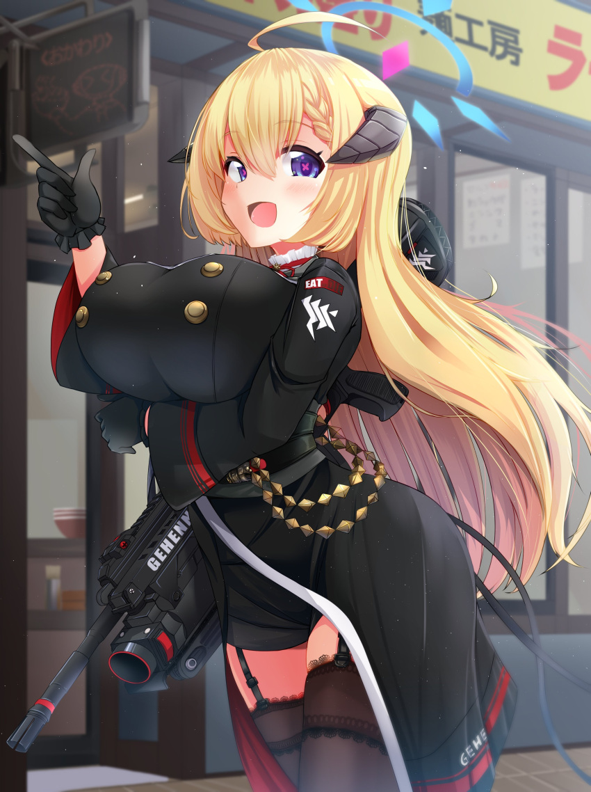 absurdres ahoge akari_(blue_archive) assault_rifle black_thighhighs blonde_hair blue_archive blue_eyes blurry blurry_background breasts chuuten_(clam_chowder) commentary_request female gloves gun h&k_hk416 hair_ornament halo highres horns large_breasts looking_at_viewer pointing rifle solo thighhighs weapon