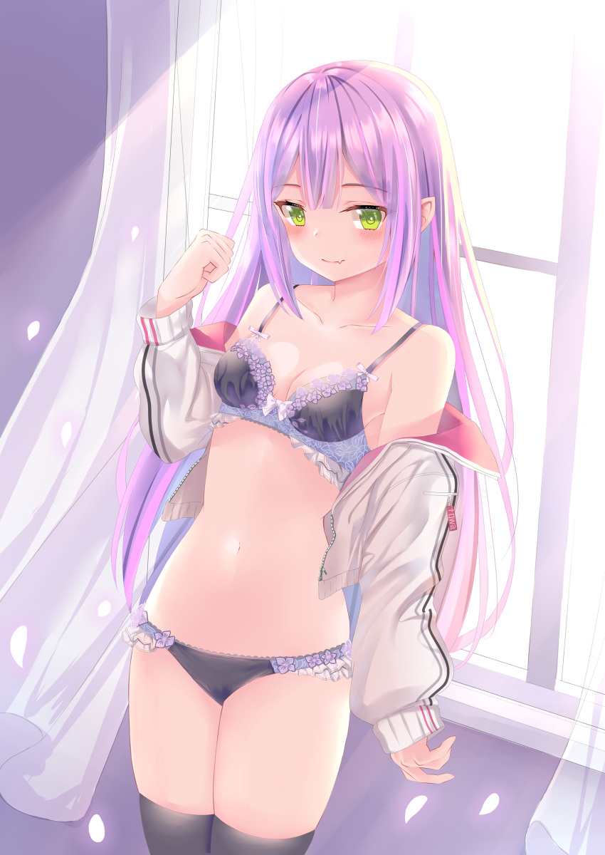 absurdres blunt_bangs blush bow bow_bra bra breasts cleavage collarbone cropped_jacket curtains fang_out female floral_print frilled_panties frills green_eyes hair_down hand_in_own_hair harada_haruki highres hololive indoors jacket long_hair long_sleeves looking_at_viewer multicolored_hair navel oerba_yun_fang off_shoulder open_clothes open_jacket panties petals pink_hair pointy_ears purple_bow purple_bra purple_hair purple_panties purple_thighhighs sidelocks small_breasts smile solo streaked_hair sunlight thighhighs tokoyami_towa tokoyami_towa_(1st_costume) underwear underwear_only virtual_youtuber white_jacket window