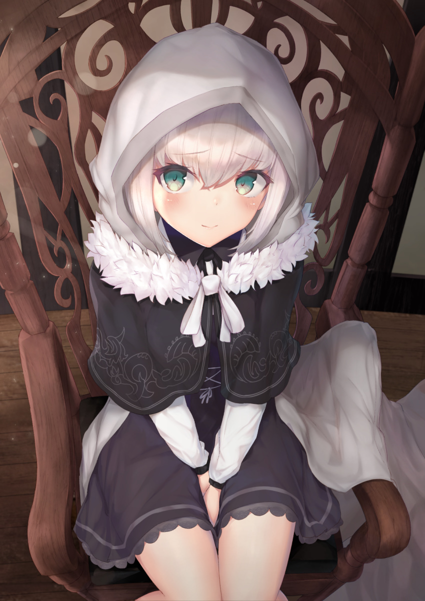 black_skirt blush chair cloak commentary fate/grand_order fate_(series) female from_above fur_trim gray_(fate) green_eyes grey_hair hair_between_eyes highres hood hood_up long_hair long_sleeves looking_at_viewer lord_el-melloi_ii_case_files reuri_(tjux4555) short_hair sitting skirt solo