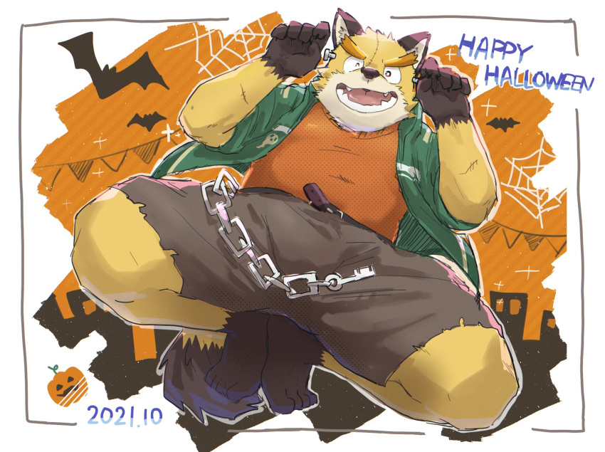 2021 anthro biped black_nose bottomwear brown_body canid canine canis clothing costume domestic_dog halloween halloween_costume halloween_decoration hi_res holidays humanoid_hands kemono male mammal nekodon_san shirt shorts solo topwear